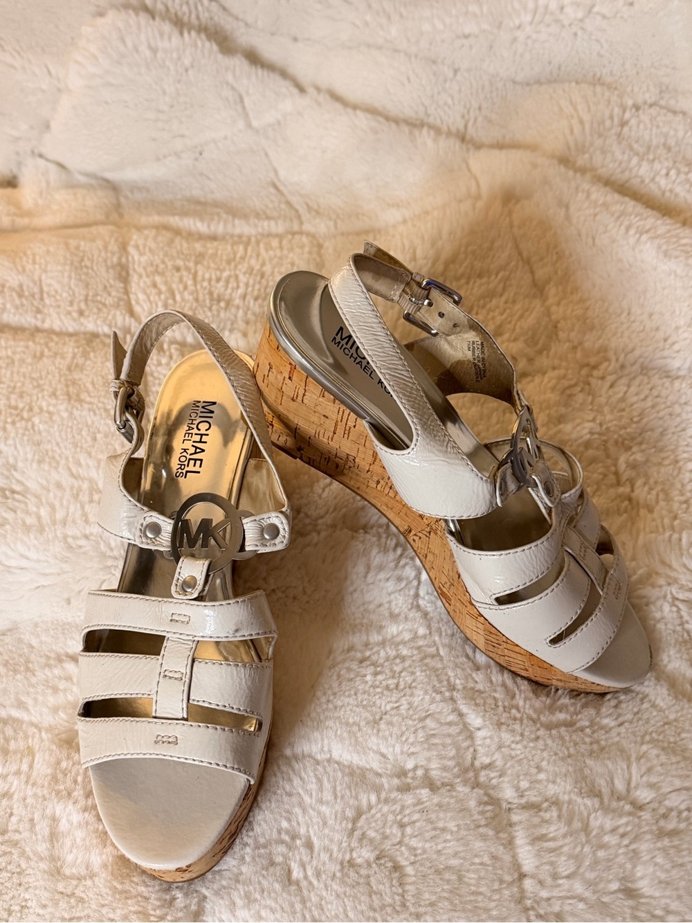Michael Kors Cream Leather Cork Wedge Sandals with MK Logo